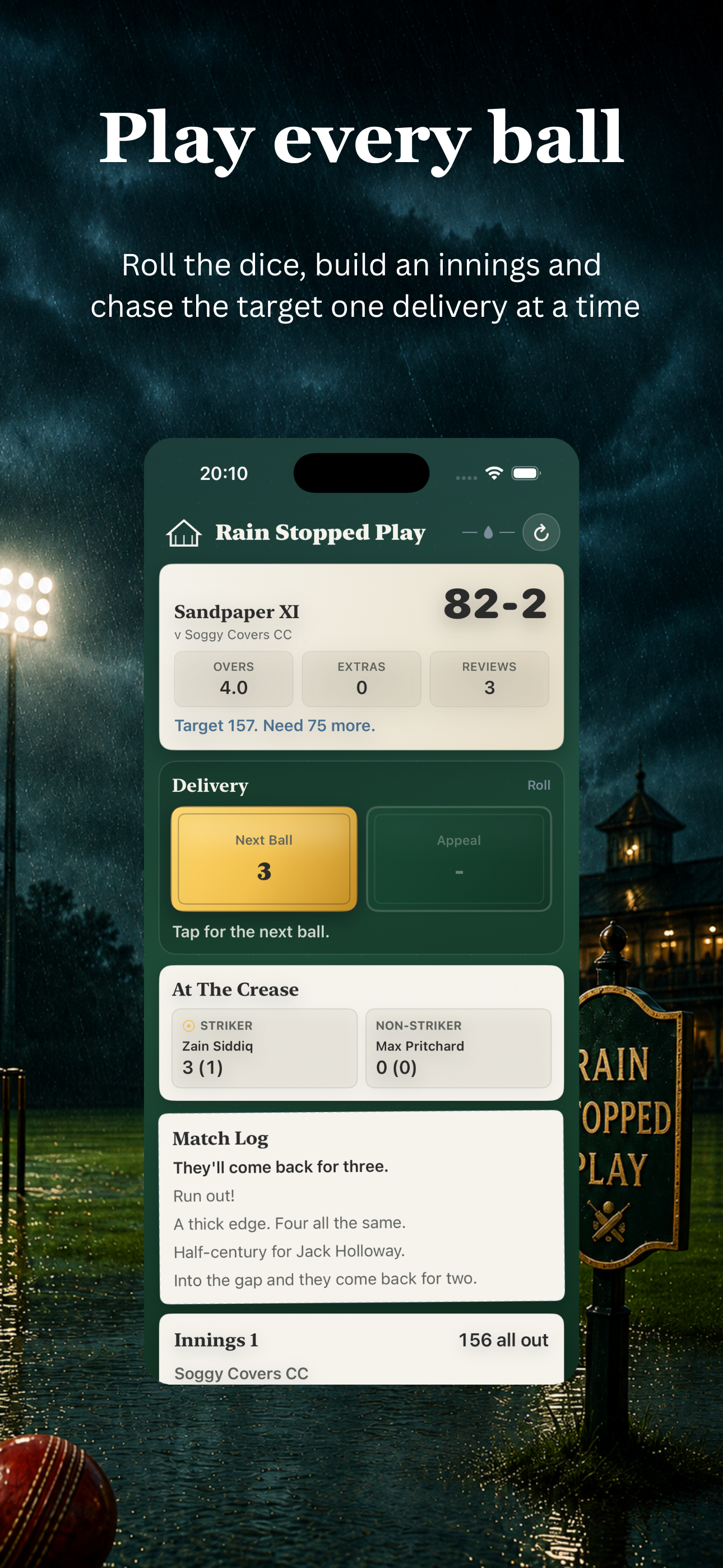 Rain Stopped Play App Store screenshot showing gameplay and scoring.