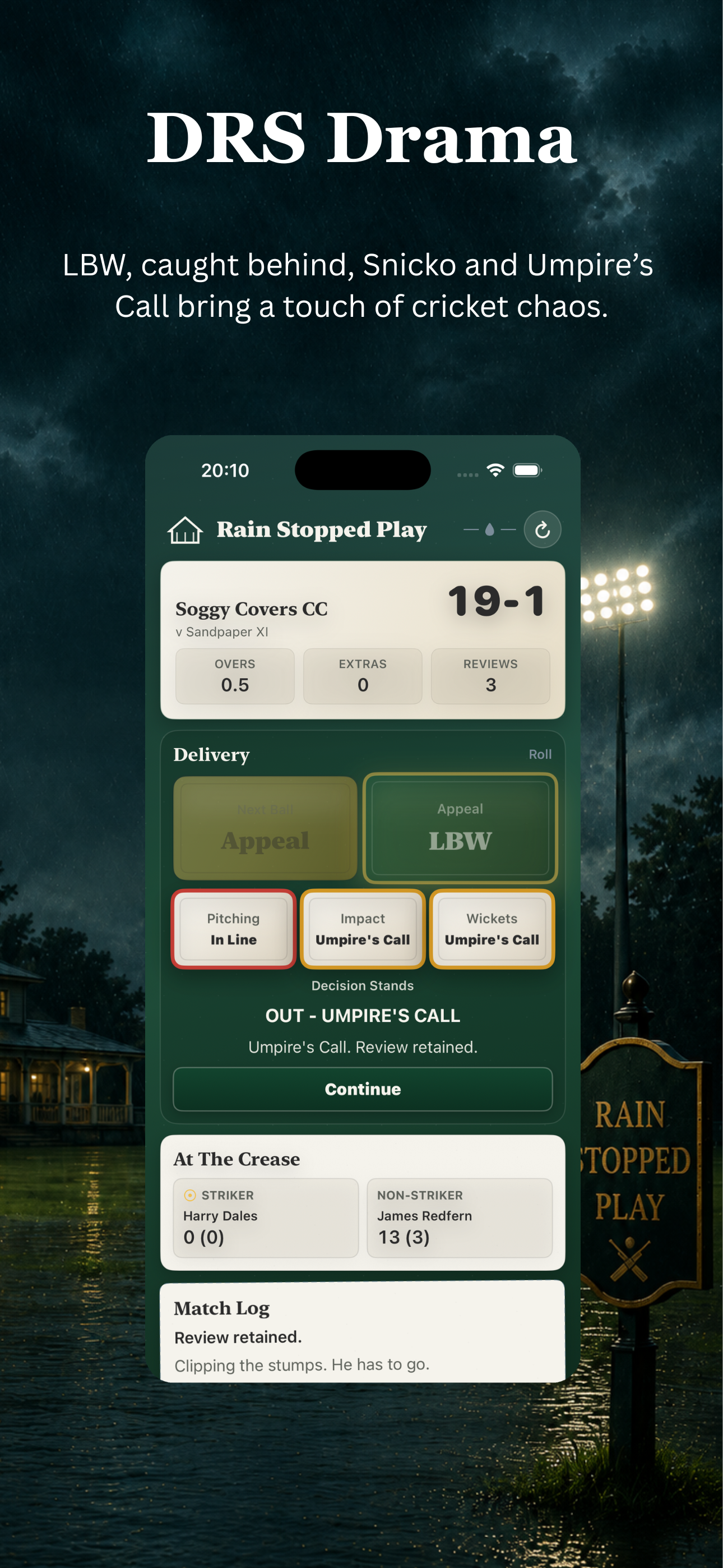 Rain Stopped Play App Store screenshot showing match features and cricket artwork.