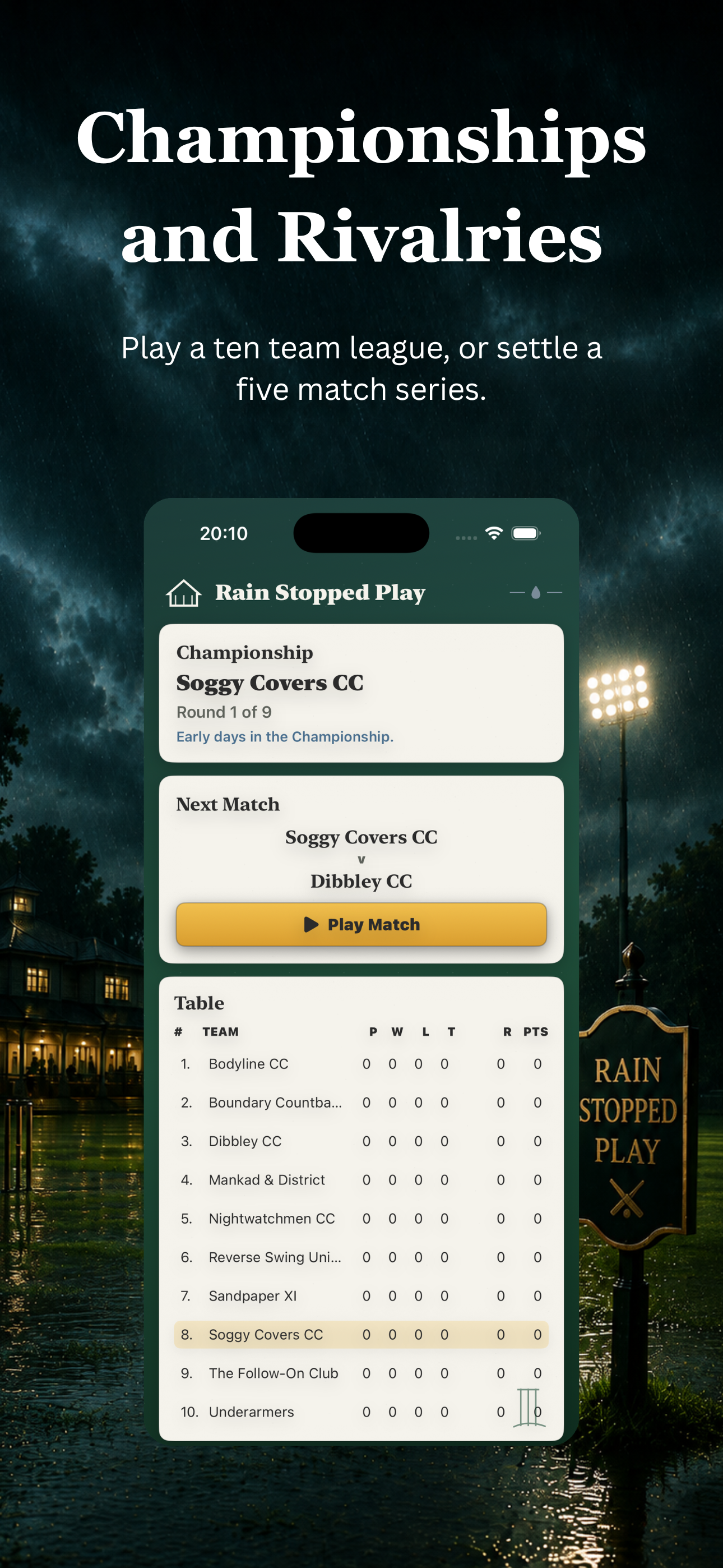 Rain Stopped Play App Store screenshot showing reviews and match play.
