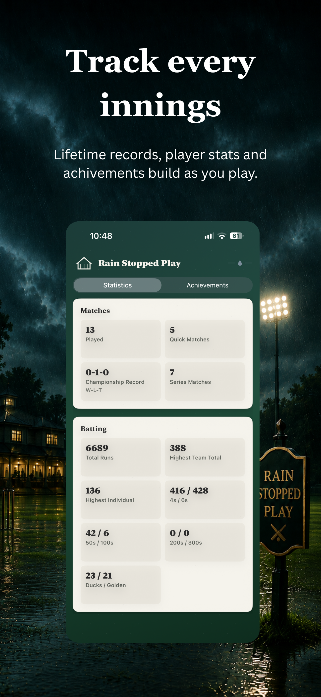 Rain Stopped Play App Store screenshot showing app modes and progress.